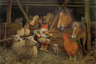 Juleskort nisse kjører tømmer med hester - Nostalgiska.no