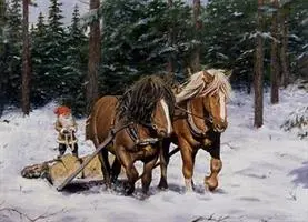 Juleskort nisse kjører tømmer med hester - Nostalgiska.no