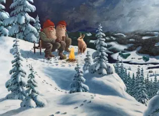 Juleskort nisse kjører tømmer med hester - Nostalgiska.no