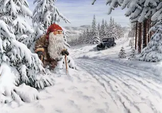 Juleskort nisse kjører tømmer med hester - Nostalgiska.no