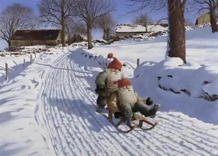 Juleskort nisse kjører tømmer med hester - Nostalgiska.no