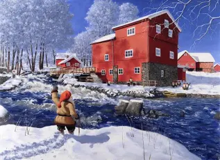 Juleskort nisse kjører tømmer med hester - Nostalgiska.no