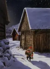 Juleskort nisse kjører tømmer med hester - Nostalgiska.no