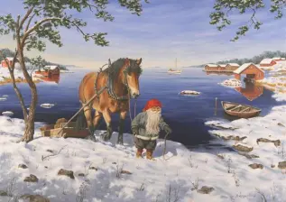 Juleskort nisse kjører tømmer med hester - Nostalgiska.no