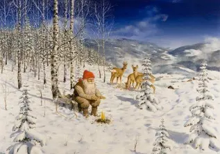 Juleskort nisse kjører tømmer med hester - Nostalgiska.no