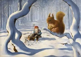 Juleskort nisse kjører tømmer med hester - Nostalgiska.no