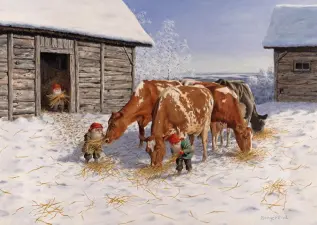 Juleskort nisse kjører tømmer med hester - Nostalgiska.no
