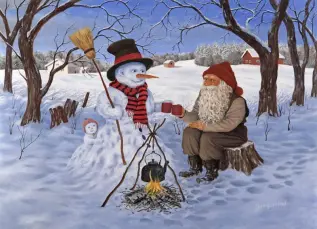Juleskort nisse kjører tømmer med hester - Nostalgiska.no