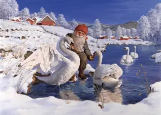 Juleskort nisse kjører tømmer med hester - Nostalgiska.no