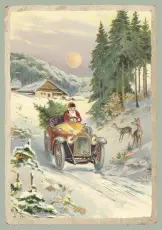 Juleskort nisse kjører tømmer med hester - Nostalgiska.no