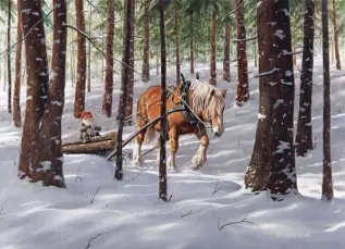 Juleskort nisse kjører tømmer med hester - Nostalgiska.no