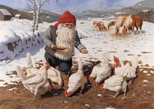 Juleskort nisse kjører tømmer med hester - Nostalgiska.no