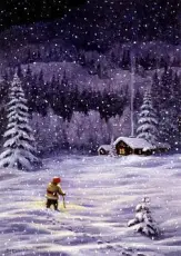 Juleskort nisse kjører tømmer med hester - Nostalgiska.no