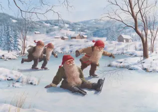 Juleskort nisse kjører tømmer med hester - Nostalgiska.no