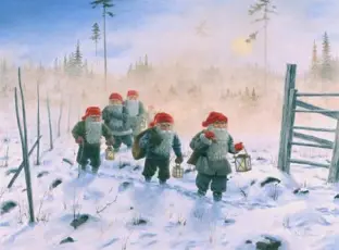 Juleskort nisse kjører tømmer med hester - Nostalgiska.no