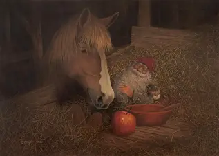 Juleskort nisse kjører tømmer med hester - Nostalgiska.no