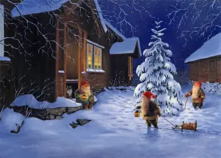 Juleskort nisse kjører tømmer med hester - Nostalgiska.no