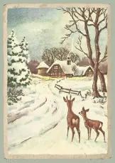 Juleskort nisse kjører tømmer med hester - Nostalgiska.no
