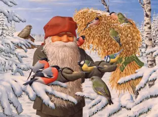 Julkort Nisse ved juletre - Nostalgiska.no