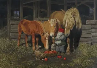 Juleskort nisse kjører tømmer med hester - Nostalgiska.no