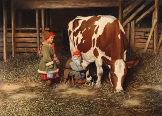 Juleskort nisse kjører tømmer med hester - Nostalgiska.no