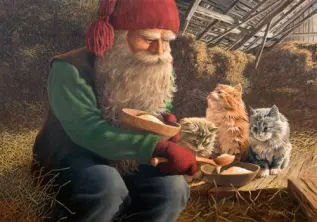  Julekort Nisse med kattunger - Nostalgiska.no