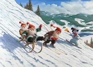 Juleskort nisse kjører tømmer med hester - Nostalgiska.no
