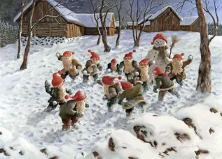  Juleskort nisse kjører tømmer med hester - Nostalgiska.no