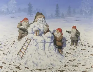 Juleskort nisse kjører tømmer med hester - Nostalgiska.no