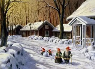 Juleskort nisse kjører tømmer med hester - Nostalgiska.no