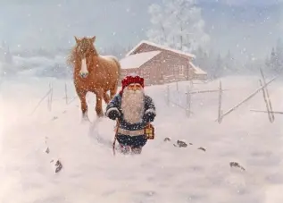 Juleskort nisse kjører tømmer med hester - Nostalgiska.no