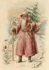Juleskort nisse kjører tømmer med hester - Nostalgiska.no