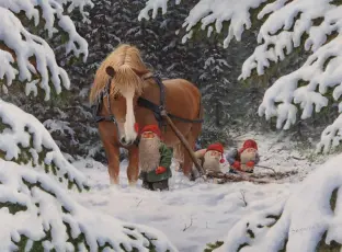 Juleskort nisse kjører tømmer med hester - Nostalgiska.no