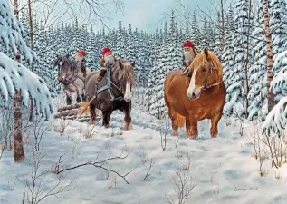 Juleskort nisse kjører tømmer med hester - Nostalgiska.no