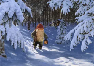 Juleskort nisse kjører tømmer med hester - Nostalgiska.no