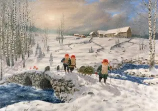 Juleskort nisse kjører tømmer med hester - Nostalgiska.no