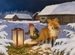 Julekort Nisse med rev i vinterkvelden - Nostalgiska.no