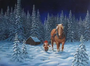 Julekort Nisse med hest i vinternatten - Nostalgiska.no