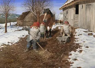 Juleskort nisse kjører tømmer med hester - Nostalgiska.no