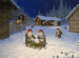 Juleskort nisse kjører tømmer med hester - Nostalgiska.no