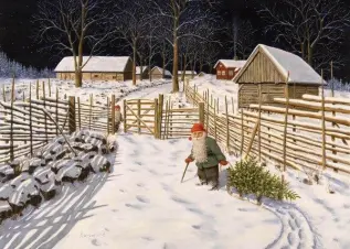Juleskort nisse kjører tømmer med hester - Nostalgiska.no