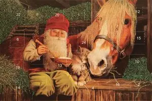 Adventskalenderkort med glitter og konvolutt nisse med hest - Nostalgiska.no