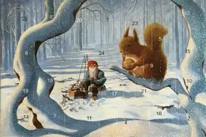 Adventskalenderkort med glitter og konvolutt nisse med ekorn - Nostalgiska.no