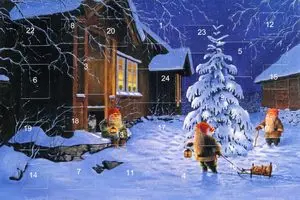 Adventskalenderkort med glitter og konvolutt nisse i natten - Nostalgiska.no