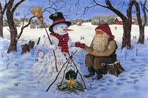 Adventskalenderkort med glitter og konvolutt nisse med snømann - Nostalgiska.no